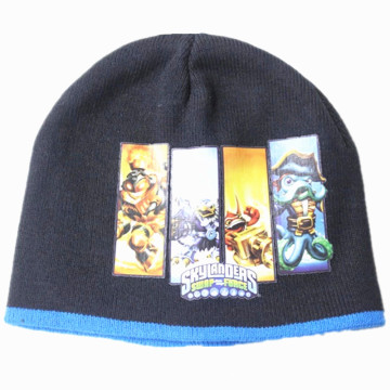 Promotional Custom Heat Transfer Cartoon Printing Black Winter Hat Cuff Beanie